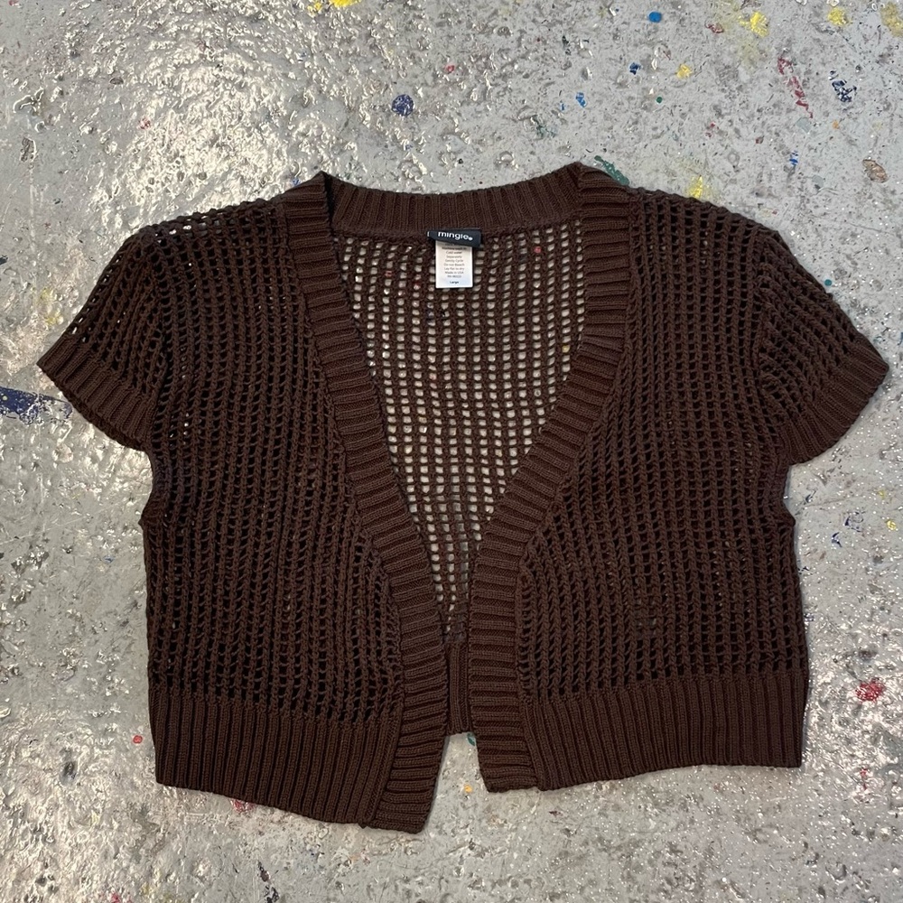 Mingle Brown Open Knit Short Sleeve Cardigan – Size Large